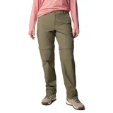 Pantalón de trekking Columbia convertible en short, color verde militar, con tecnología Omni-Shade y Omni-Shield, cintura media, bolsillos laterales y presillas para cinturón.