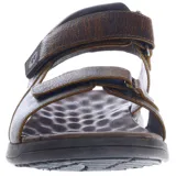 Sandalias de cuero marrón con diseño ergonómico, ajuste mediante tiras con velcro y suela de goma antideslizante.