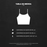 Top deportivo negro con ribete blanco, cuello halter y logo de la marca estampado en el frente.