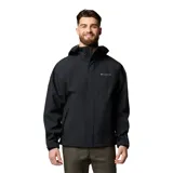 Campera impermeable Columbia modelo Earth Explorer II, color negro, con tecnología Omni-Tech, costuras selladas, capucha ajustable, ventilación en axilas y cierre frontal con solapa.