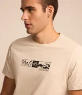 Remera color crema de corte regular, con cuello redondo y mangas cortas. Presenta un estampado rectangular en el pecho con elementos de la naturaleza en blanco y negro.