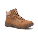 Bota de seguridad Caterpillar modelo Tess St, color marrón, confeccionada en cuero con puntera de acero. Presenta cordones al tono, cuello acolchado con forro de felpa y suela de goma antideslizante con relieve.