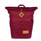 Mochila Jansport modelo Hatchet Rolltop de color bordó, con cierre enrollable, bolsillo frontal con cierre, correas laterales de ajuste y detalles de parches de cuero sintético en tono tostado.