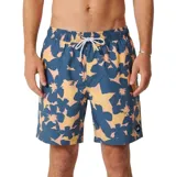 Short de baño Quiksilver modelo Handtman Coronet, de color azul con estampado floreado en tonos amarillos y rosados. Posee cintura elástica con cordón ajustable blanco y negro.