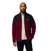 Campera polar Columbia con cierre frontal completo y cuello alto. Presenta un diseño de bloques de color con la parte superior en negro y la inferior en bordó, incluyendo bolsillos laterales con cierre y logo de la marca en el pecho.