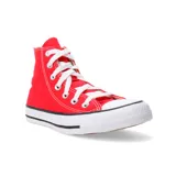 Championes de caña alta Converse All Star, color rojo con cordones blancos, puntera de goma blanca y suela de goma con franja negra.