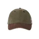 Gorra de visera curva Rip Curl modelo Mixed Montage, color verde oliva con visera marrón y detalle de texto bordado en rosado en el lateral.