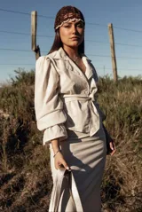 Camisa blanca con lunares celestes, de corte clásico, con cuello camisero y mangas largas abullonadas.