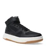 Championes de caña media con cierre de cordones y tira de velcro en el tobillo. Presentan una combinación de paneles de cuero sintético y malla, con suela de plataforma blanca y base de goma color caramelo.