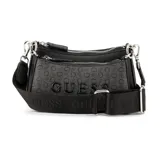Bolso bandolera Guess modelo Holly, color negro con estampado de monograma y el logo de la marca en el frente. Cuenta con diseño multi-compartimento con cierres y correa ajustable de lona con la marca grabada.
