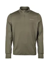 Buzo deportivo verde oliva para hombre, marca Merrell, con cierre de un cuarto en el cuello, mangas largas con orificios para los pulgares y logo estampado en el pecho.