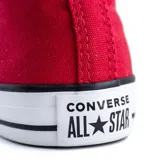 Championes de caña alta Converse All Star, color rojo con cordones blancos, puntera de goma blanca y suela de goma con franja negra.