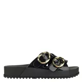 Sandalias Zaxy modelo Wish Ad de color negro, con diseño de tiras cruzadas y hebillas decorativas doradas. Presentan suela de goma con plataforma.