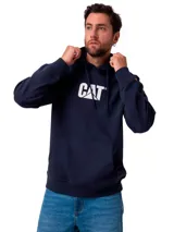 Buzo con capucha de corte clásico, color azul marino, con bolsillo tipo canguro frontal y logo de la marca CAT bordado en blanco en el pecho. Cuenta con puños y bajo de punto acanalado.