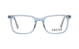 Lentes de lectura con armazón rectangular de acetato en color azul traslúcido.
