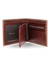 Billetera de cuero marrón con compartimentos internos para tarjetas, visor transparente y volante interior abatible.