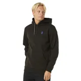 Canguro negro con capucha, cordones ajustables y bolsillo tipo canguro. Logo pequeño bordado en el pecho.