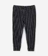 Pantalón de pijama masculino de plush negro con estampado de cuadros blancos, corte recto y cintura con cordón ajustable.