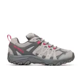 Championes de senderismo Merrell Accentor 3 WP, confeccionados en gamuza y malla con membrana impermeable. Presentan diseño en tonos gris con detalles en fucsia, suela de goma con tracción y puntera protectora.