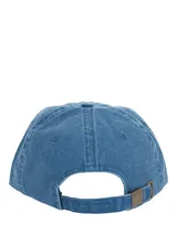 Gorra tipo baseball de algodón orgánico con efecto lavado, color azul, con bordado central de un perro Basset Hound y ajuste posterior con hebilla.
