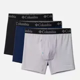 Pack de tres calzoncillos tipo bóxer de la marca Columbia, con cintura elástica con logo estampado. Incluye un modelo negro, uno azul marino y uno gris claro, todos con tecnología de secado rápido.
