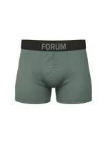 Boxer tipo bóxer de hombre, color verde oliva, con pretina elástica ancha de color negro que lleva la marca "FORUM" en color verde claro.