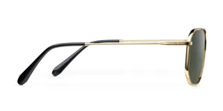 Lentes de sol con montura metálica dorada de diseño geométrico inspirado en el estilo aviador, con lentes polarizadas en color verde oliva.