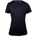 Remera básica de mujer marca Topper, color negro, con cuello redondo, mangas cortas y logo de la marca estampado en la parte inferior.