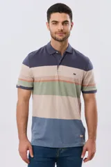 Remera polo de manga corta con diseño de franjas horizontales en tonos azul, beige, verde y terracota. Presenta cuello camisero con cierre frontal de dos botones y un pequeño bordado en el pecho.