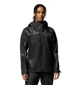 Campera impermeable de mujer Columbia modelo Whistler Peak Shell OutDry, en color negro con detalles reflectantes y costuras selladas. Cuenta con capucha ajustable, cremalleras frontales y laterales de poliuretano, y aberturas de ventilación.