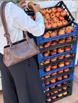 Cartera tipo baguette confeccionada en 100% cuero color marrón, con diseño estructurado, doble asa corta para llevar al hombro y detalles de argollas metálicas.