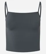 Top cropped gris oscuro de poliamida, con escote recto y breteles finos, ajuste al cuerpo.
