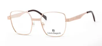 Anteojos de receta Laura Biagiotti con armazón metálico en tono oro rosa, de forma geométrica cuadrada y patillas con detalle de marca grabado.