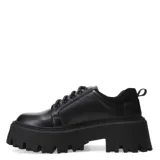 Zapatos acordonados negros de cuero sintético con plataforma track y suela dentada.