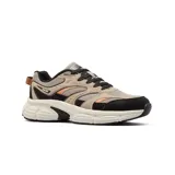 Championes deportivos Hi-Tec modelo Elian, con diseño robusto y suela con tecnología Memory Foam. Presentan una combinación de colores en tonos beige, azul y detalles en marrón, con paneles de malla y refuerzos sintéticos.
