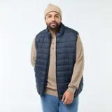 Chaleco puffer azul marino sin mangas, con cuello alto acolchado y diseño ligero.