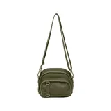 Bandolera New Balance color verde oliva con correa ajustable, bolsillo trasero y bolsillo frontal pequeño. Incluye logo de la marca en la parte inferior.