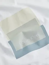 Remera blanca de manga larga con cuello redondo y logo de Calvin Klein estampado en el pecho.