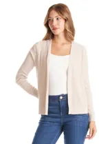 Cardigan de tejido liviano con textura acanalada, de corte abierto sin botones, con mangas largas entalladas y puños de rib.