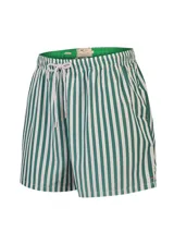 Short de baño RKF modelo Izam, con diseño de rayas verticales en color verde y blanco, cintura elástica con cordón ajustable y bolsillos laterales.