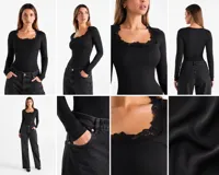 Body negro de manga larga con escote cuadrado adornado con detalle de puntilla en el borde. Diseño ajustado al cuerpo.