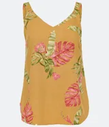 Blusa musculosa de viscosa con estampado de hojas, escote en V y tirantes anchos con detalle de botón en la espalda.