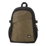 Mochila grande negra y gris con bolsillo lateral de red, correas laterales de compresión, correas ajustables acolchadas y bolsillo frontal diagonal.