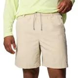 Short de secado rápido color beige, diseñado para actividades acuáticas y pesca. Cuenta con cintura elástica ajustable con cordón, bolsillos laterales de malla, un bolsillo trasero con cierre y calzoncillos interiores de malla para mayor comodidad.