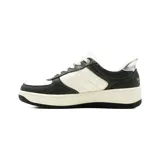 Championes deportivos Skechers Slip-ins Court 2.0 Cozy Fit Daily Journey, combinación de blanco y negro con diseño acolchado romboidal en los laterales, suela plataforma y cordones blancos.