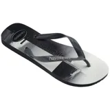Ojotas Havaianas con base blanca y celeste con diseño de olas, tiras blancas con diseño en relieve y logo de la marca en la base.