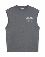 Musculosa de algodón orgánico color gris oscuro con acabado vintage gastado (dirty), corte holgado y diseño sin mangas. Cuenta con estampa serigrafiada blanca en el pecho con el texto "TwoJeys" y dos estrellas.