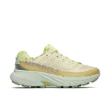 Championes de trail running Merrell Agility Peak 5 para mujer, color beige y amarillo con suela verde. Cuentan con tecnología Vibram MegaGrip para un agarre superior en superficies secas y mojadas.