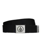 Cinturón web negro Volcom Circle Web Belt, con hebilla metálica estilo militar que presenta el logo de la marca en relieve y un abrelatas en la parte trasera. Incluye puntera metálica grabada con el nombre de la marca.