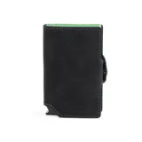 Billetera tipo tarjetero de cuero negro con costuras y detalles internos en color verde lima. Cuenta con cierre de broche a presión y mecanismo de expulsión de tarjetas.